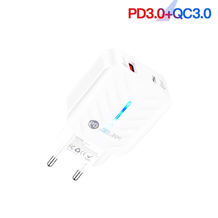 PD03 20W Type-C + QC3.0 USB Charger with Indicator Light, EU Plug(White) - free shipping - PMC Jewellery - Order now!