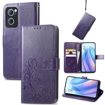 For OPPO Reno7 5G Four-leaf Clasp Embossed Buckle Leather Phone Case(Purple) - OPPO Cases by PMC Jewellery | Online Shopping South Africa | PMC Jewellery | Buy Now Pay Later Mobicred