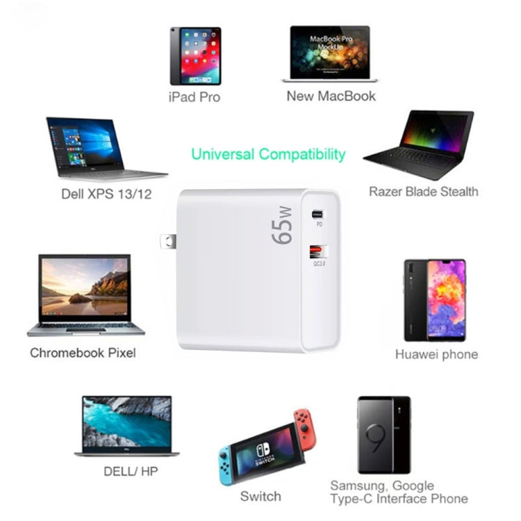 PD-65W USB-C / Type-C + QC3. 0 USB Laptop Charging Adapter + 1.8m USB-C / Type-C to MagSafe 2 / T Head Data Cable, EU Plug / US Plug(White) - Cable & Adapter by PMC Jewellery | Online Shopping South Africa | PMC Jewellery | Buy Now Pay Later Mobicred