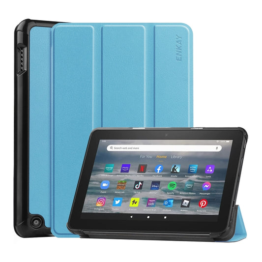 For Amazon Fire 7 12th 2022 ENKAY Smart Leather Tablet Case(Light Blue) - Amazon by ENKAY | Online Shopping South Africa | PMC Jewellery | Buy Now Pay Later Mobicred