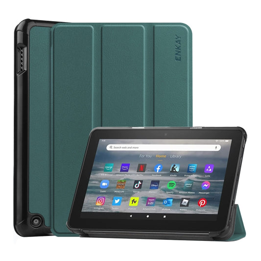 For Amazon Fire 7 12th 2022 ENKAY Smart Leather Tablet Case(Dark Green) - Amazon by ENKAY | Online Shopping South Africa | PMC Jewellery | Buy Now Pay Later Mobicred