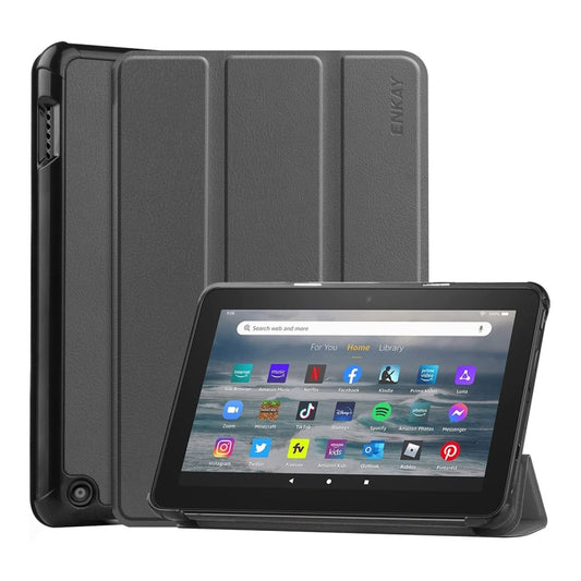 For Amazon Fire 7 12th 2022 ENKAY Smart Leather Tablet Case(Grey) - Amazon by ENKAY | Online Shopping South Africa | PMC Jewellery | Buy Now Pay Later Mobicred