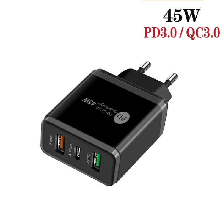 45W PD3.0 + 2 x QC3.0 USB Multi Port Charger with Type-C to 8 Pin Cable, EU Plug(Black) - USB Charger by PMC Jewellery | Online Shopping South Africa | PMC Jewellery | Buy Now Pay Later Mobicred