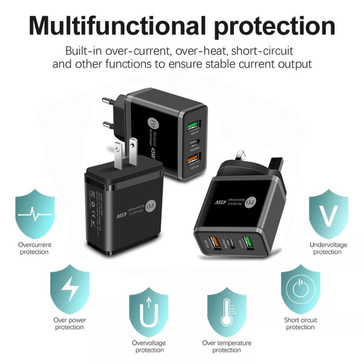 45W PD3.0 + 2 x QC3.0 USB Multi Port Charger with Type-C to Type-C Cable, UK Plug(Black) - USB Charger by PMC TechLife | Online Shopping South Africa | PMC TechLife | Buy Now Pay Later Mobicred