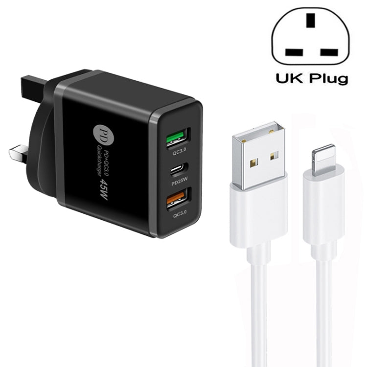 45W PD25W + 2 x QC3.0 USB Multi Port Charger with USB to 8 Pin Cable, UK Plug(Black) - USB Charger by PMC Jewellery | Online Shopping South Africa | PMC Jewellery | Buy Now Pay Later Mobicred