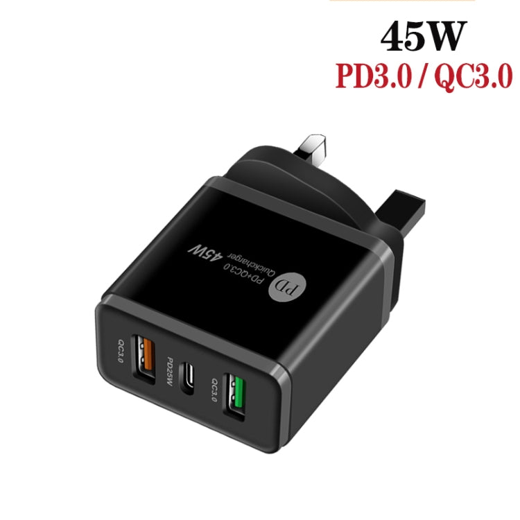 45W PD25W + 2 x QC3.0 USB Multi Port Charger with USB to 8 Pin Cable, UK Plug(Black) - USB Charger by PMC Jewellery | Online Shopping South Africa | PMC Jewellery | Buy Now Pay Later Mobicred