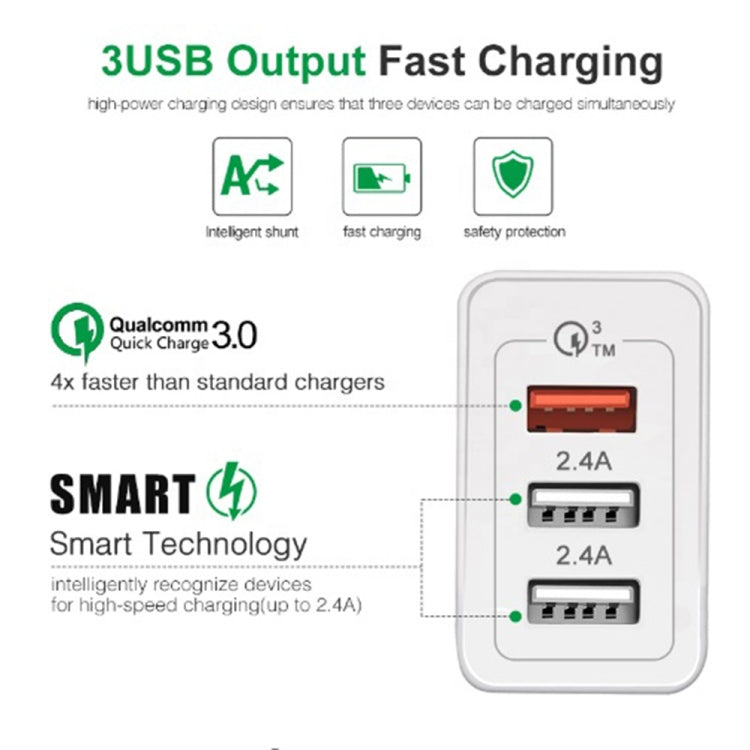 SDC-30W QC3.0 USB + 2 x USB2.0 Port Quick Charger with USB to 8 Pin Cable, AU Plug - USB Charger by PMC Jewellery | Online Shopping South Africa | PMC Jewellery | Buy Now Pay Later Mobicred