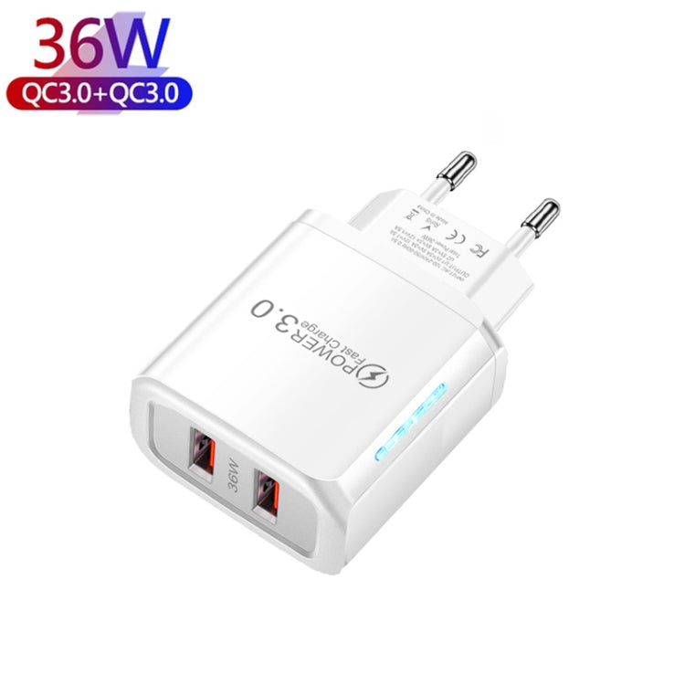 36W Dual Port QC3.0 USB Charger with 3A USB to 8 Pin Data Cable, EU Plug(White) - USB Charger by PMC Jewellery | Online Shopping South Africa | PMC Jewellery | Buy Now Pay Later Mobicred