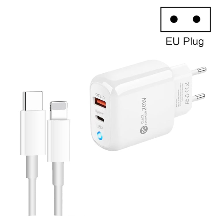 PD04 Type-C + USB Mobile Phone Charger with Type-C to 8 Pin Cable, EU Plug(White) - USB Charger by PMC Jewellery | Online Shopping South Africa | PMC Jewellery | Buy Now Pay Later Mobicred