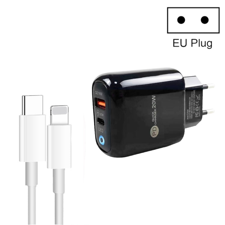 PD04 Type-C + USB Mobile Phone Charger with Type-C to 8 Pin Cable, EU Plug(Black) - USB Charger by PMC Jewellery | Online Shopping South Africa | PMC Jewellery | Buy Now Pay Later Mobicred