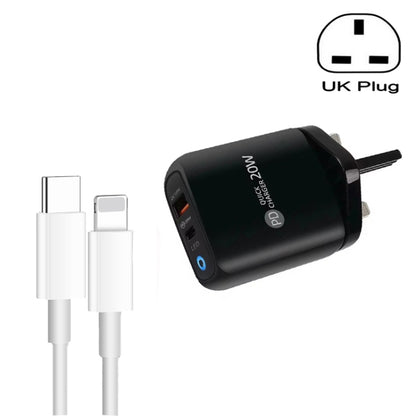 PD04 Type-C + USB Mobile Phone Charger with Type-C to 8 Pin Cable, UK Plug(Black) - USB Charger by PMC Jewellery | Online Shopping South Africa | PMC Jewellery | Buy Now Pay Later Mobicred