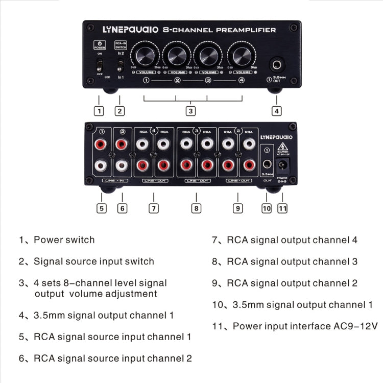 2 in 8 out Switcher Pre-Amplifier Speaker Distributor Signal Booster with Volume Control And Earphone 16-600 ohms / Monitor Function -  by PMC Jewellery | Online Shopping South Africa | PMC Jewellery | Buy Now Pay Later Mobicred