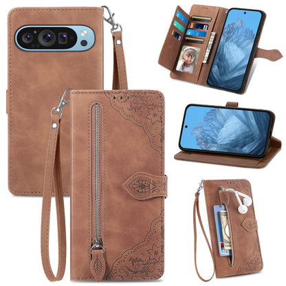 For Google Pixel 9 Pro Embossed Flower Zipper Leather Phone Case(Brown) - Google Cases by PMC Jewellery | Online Shopping South Africa | PMC Jewellery | Buy Now Pay Later Mobicred