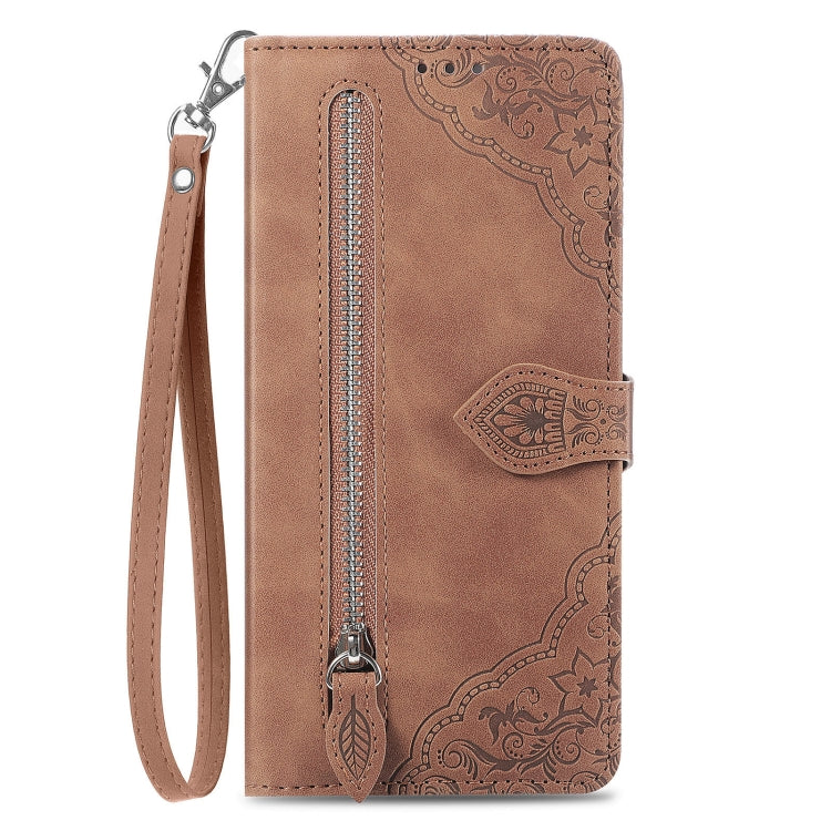 For Google Pixel 9 Pro Embossed Flower Zipper Leather Phone Case(Brown) - Google Cases by PMC Jewellery | Online Shopping South Africa | PMC Jewellery | Buy Now Pay Later Mobicred