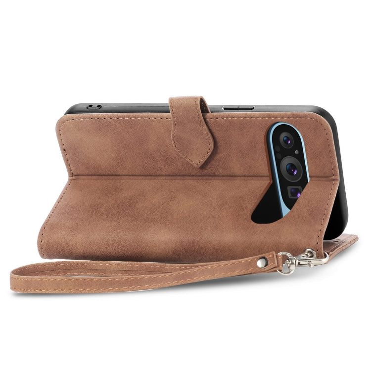 For Google Pixel 9 Embossed Flower Zipper Leather Phone Case(Brown) - Google Cases by PMC TechLife | Online Shopping South Africa | PMC TechLife | Buy Now Pay Later Mobicred