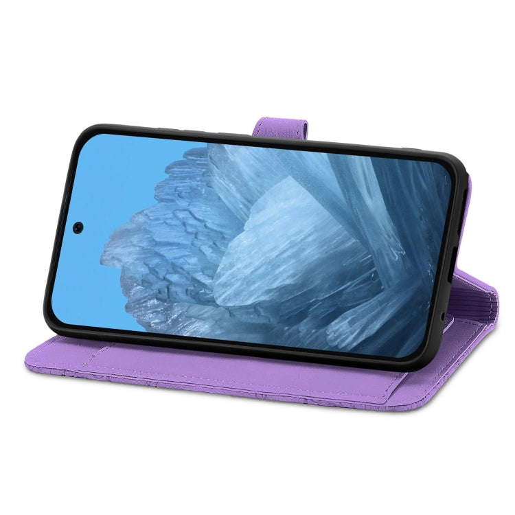 For Google Pixel 9 Embossed Flower Zipper Leather Phone Case(Purple) - Google Cases by PMC TechLife | Online Shopping South Africa | PMC TechLife | Buy Now Pay Later Mobicred