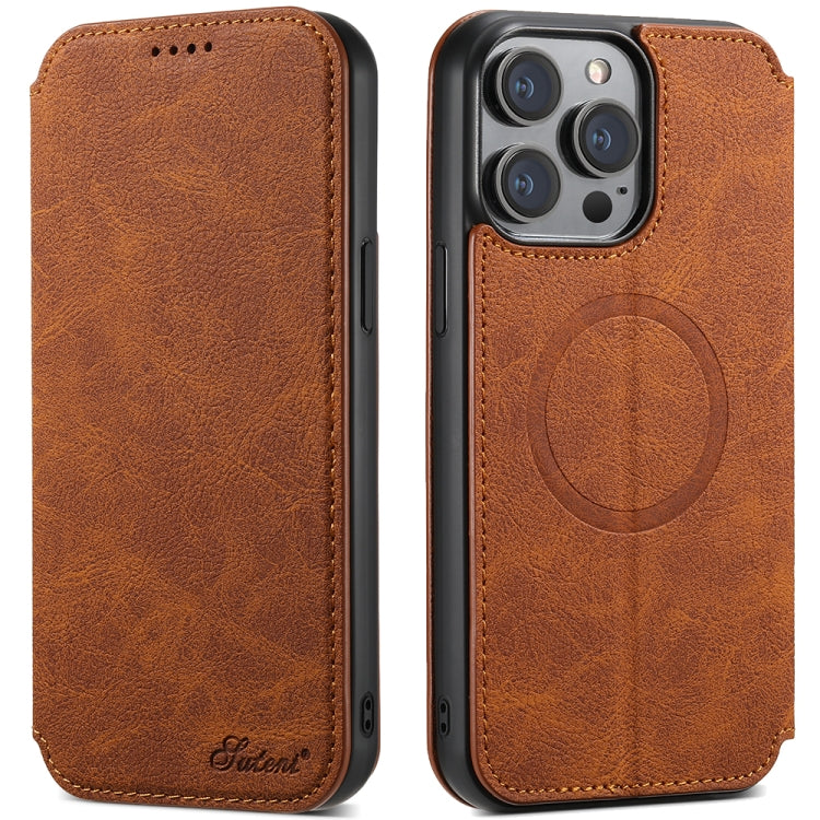 For iPhone 12/12 Pro Suteni J06 Retro Matte Litchi Texture Leather Magnetic Magsafe Phone Case(Khaki) - iPhone 12 / 12 Pro Cases by Suteni | Online Shopping South Africa | PMC Jewellery | Buy Now Pay Later Mobicred