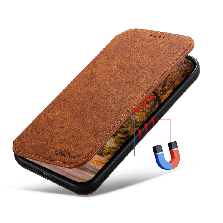 For iPhone 12/12 Pro Suteni J06 Retro Matte Litchi Texture Leather Magnetic Magsafe Phone Case(Khaki) - iPhone 12 / 12 Pro Cases by Suteni | Online Shopping South Africa | PMC Jewellery | Buy Now Pay Later Mobicred