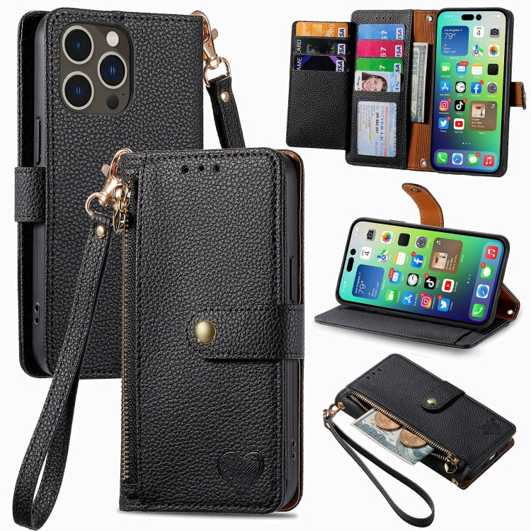 For iPhone 16 Pro Love Zipper Lanyard Leather Phone Case(Black) - free shipping - PMC Jewellery - Order now!