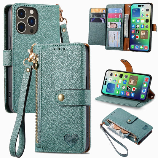 For iPhone 16 Pro Max Love Zipper Lanyard Leather Phone Case(Green) - iPhone 16 Pro Max Cases by PMC Jewellery | Online Shopping South Africa | PMC Jewellery | Buy Now Pay Later Mobicred