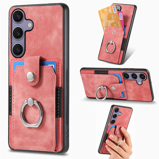 For Samsung Galaxy S25+ 5G Retro Skin-feel Ring Card Wallet Phone Case(Pink) - Galaxy S25+ 5G Cases by PMC Jewellery | Online Shopping South Africa | PMC Jewellery | Buy Now Pay Later Mobicred