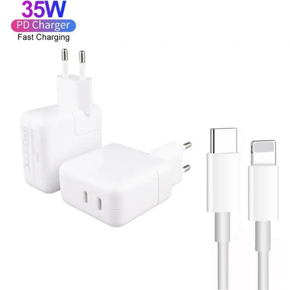 35W PD3.0 USB-C / Type-C Dual Port Charger with 1m Type-C to 8 Pin Data Cable, EU Plug - USB Charger by PMC Jewellery | Online Shopping South Africa | PMC Jewellery | Buy Now Pay Later Mobicred