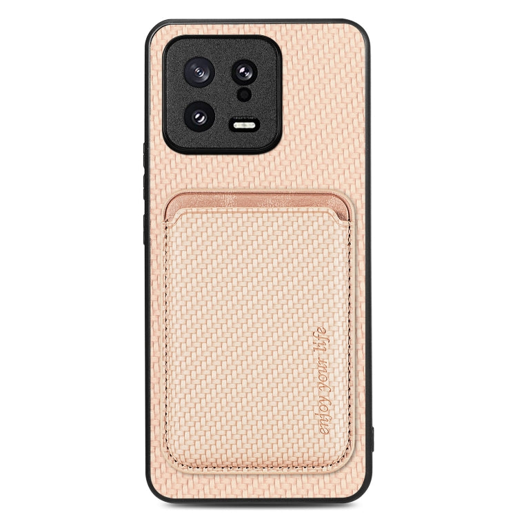 For Xiaomi 13 Carbon Fiber Leather Card Magsafe Phone Case(Khaki) - 13 Cases by PMC TechLife | Online Shopping South Africa | PMC TechLife