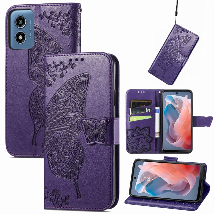 For Motorola Moto G  Play  2024 Butterfly Love Flower Embossed Leather Phone Case(Dark Purple) - Motorola Cases by PMC Jewellery | Online Shopping South Africa | PMC Jewellery | Buy Now Pay Later Mobicred