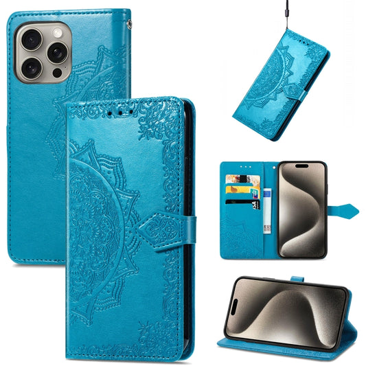 For iPhone 16 Pro Mandala Flower Embossed Leather Phone Case(Blue) - iPhone 16 Pro Cases by PMC Jewellery | Online Shopping South Africa | PMC Jewellery | Buy Now Pay Later Mobicred