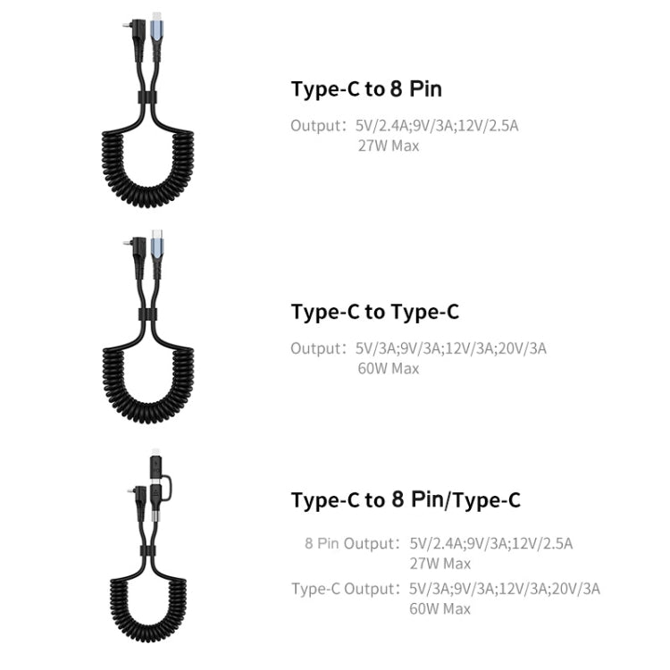 ENKAY Type-C to Type-C / 8 Pin 3A Elbow Expansion Spring Coiled Fast Chrging Data Cable, Length: 1.5m - 2 in 1 Cable by ENKAY | Online Shopping South Africa | PMC Jewellery | Buy Now Pay Later Mobicred