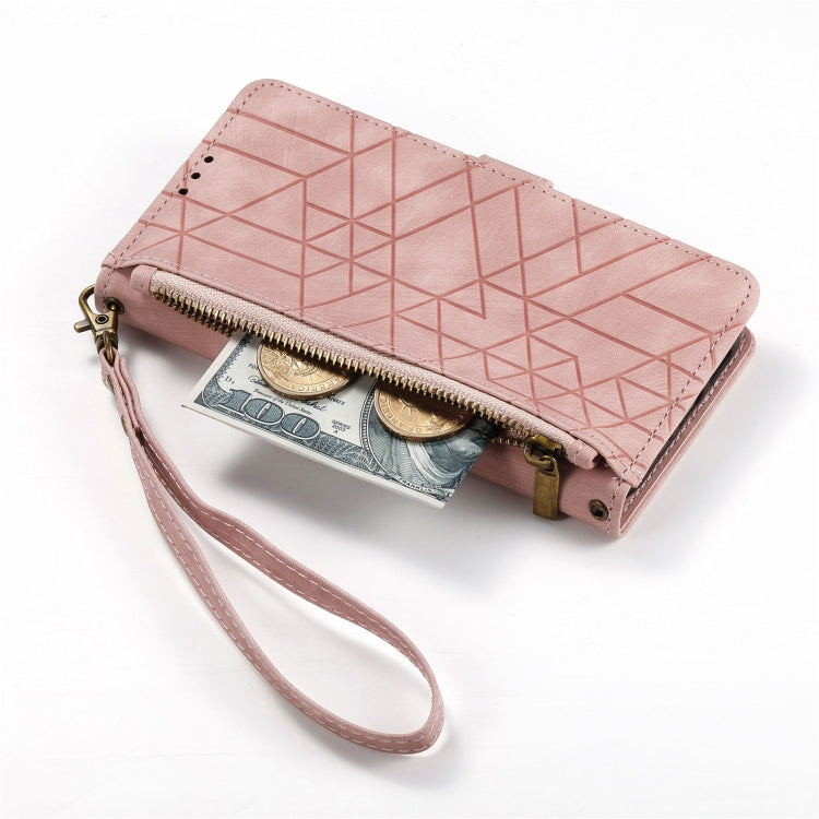 For iPhone 14 Plus Geometric Zipper Wallet Side Buckle Leather Phone Case(Pink) - free shipping - PMC TechLife - Order now!
