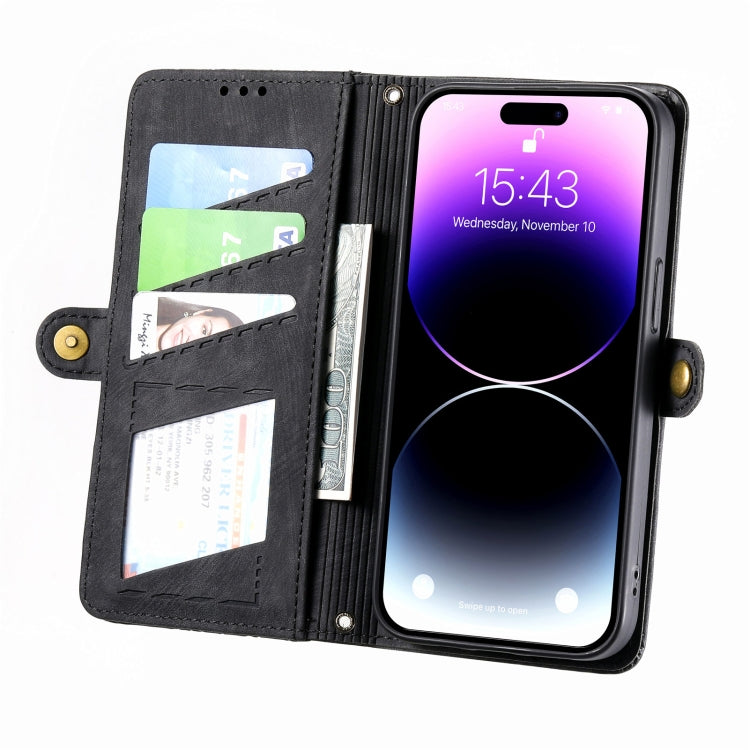 For iPhone 13 Pro Max Geometric Zipper Wallet Side Buckle Leather Phone Case(Black) - free shipping - PMC TechLife - Order now!