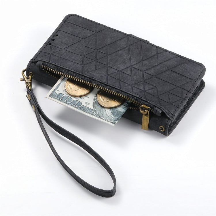 For iPhone 13 Pro Max Geometric Zipper Wallet Side Buckle Leather Phone Case(Black) - free shipping - PMC TechLife - Order now!