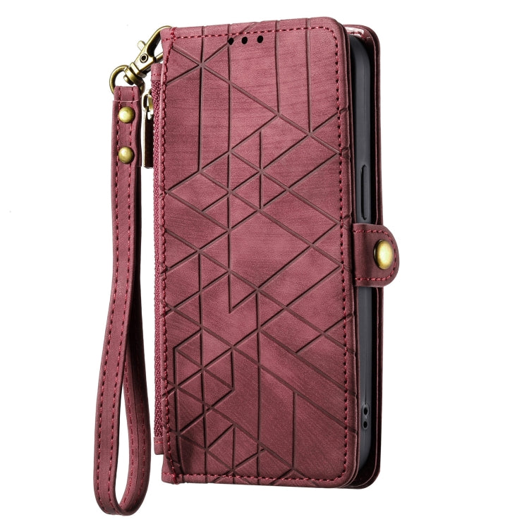 For iPhone 15 Geometric Zipper Wallet Side Buckle Leather Phone Case(Red) - free shipping - PMC TechLife - Order now!