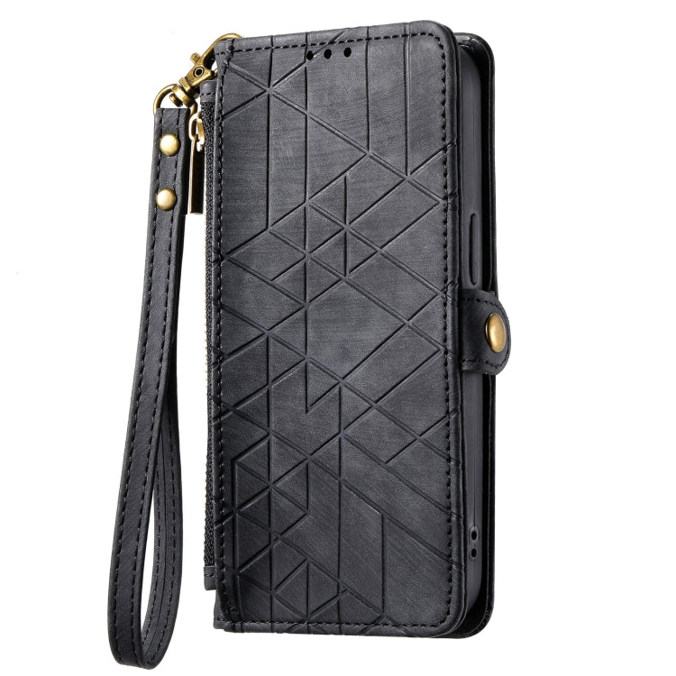 For iPhone 15 Geometric Zipper Wallet Side Buckle Leather Phone Case(Black) - free shipping - PMC TechLife - Order now!