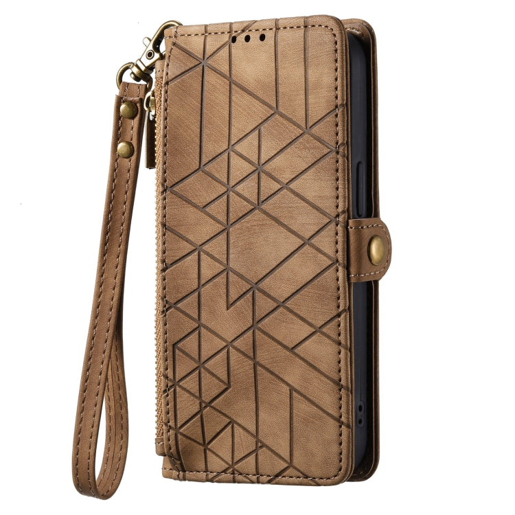 For iPhone 15 Plus Geometric Zipper Wallet Side Buckle Leather Phone Case(Brown) - free shipping - PMC TechLife - Order now!