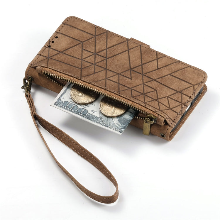 For iPhone 15 Plus Geometric Zipper Wallet Side Buckle Leather Phone Case(Brown) - free shipping - PMC TechLife - Order now!