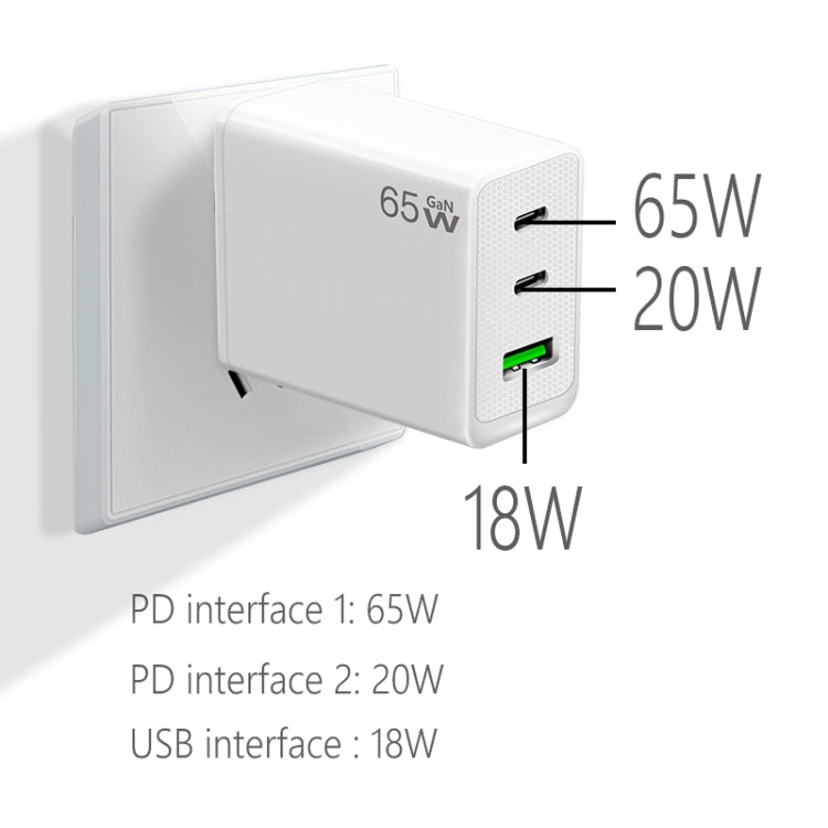 GaN PD65W Type-C x 2 + USB3.0 Charger with Type-C to Type-C Data Cable ,EU Plug(White) - USB Charger by PMC Jewellery | Online Shopping South Africa | PMC Jewellery | Buy Now Pay Later Mobicred