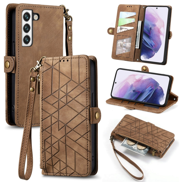 For Samsung Galaxy S21 5G Geometric Zipper Wallet Side Buckle Leather Phone Case(Brown) - free shipping - PMC TechLife - Order now!