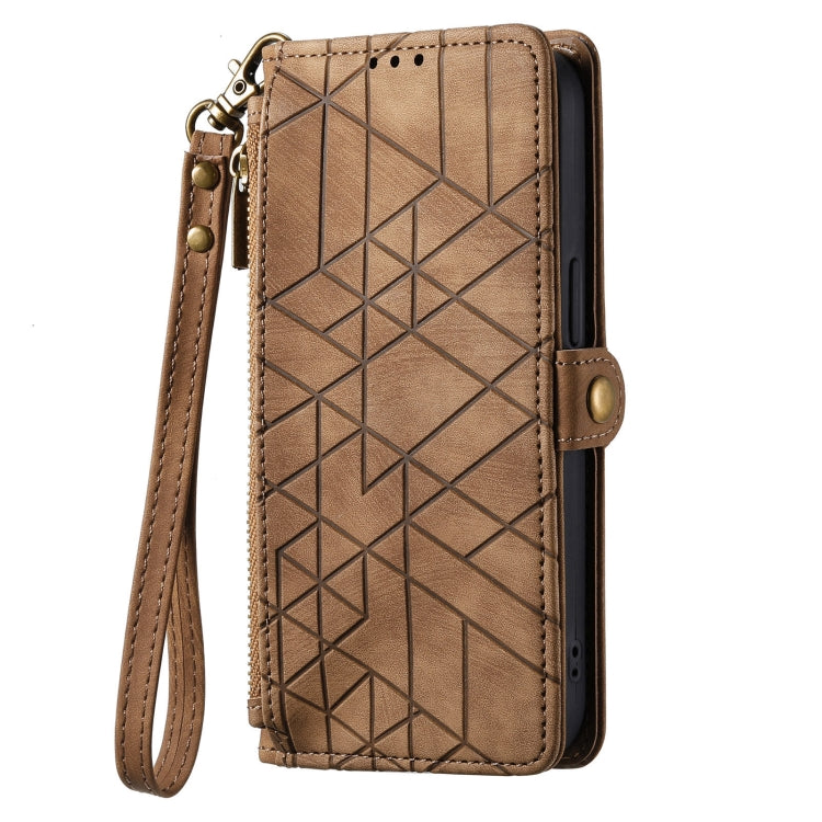For Samsung Galaxy A12 Geometric Zipper Wallet Side Buckle Leather Phone Case(Brown) - free shipping - PMC TechLife - Order now!