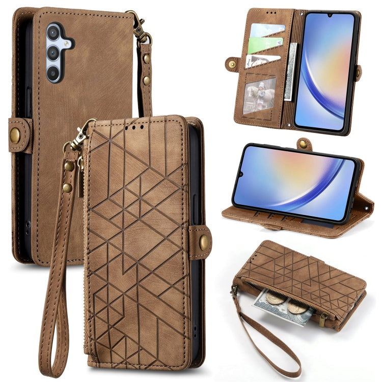 For Samsung Galaxy A21S Geometric Zipper Wallet Side Buckle Leather Phone Case(Brown) - free shipping - PMC TechLife - Order now!