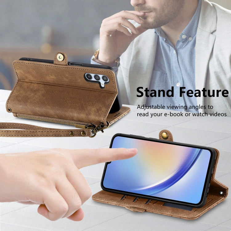 For Samsung Galaxy A72 Geometric Zipper Wallet Side Buckle Leather Phone Case(Brown) - free shipping - PMC TechLife - Order now!