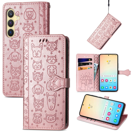 For Samsung Galaxy S25 5G Cat and Dog Embossed Leather Phone Case(Rose Gold) - Galaxy S25 5G Cases by PMC Jewellery | Online Shopping South Africa | PMC Jewellery | Buy Now Pay Later Mobicred