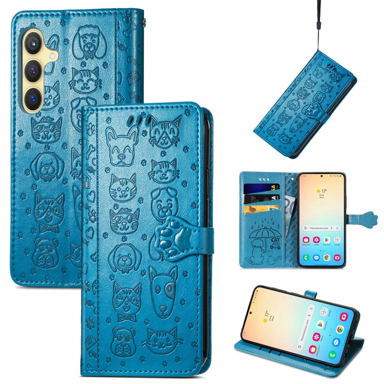 For Samsung Galaxy S25 5G Cat and Dog Embossed Leather Phone Case(Blue) - Galaxy S25 5G Cases by PMC Jewellery | Online Shopping South Africa | PMC Jewellery | Buy Now Pay Later Mobicred