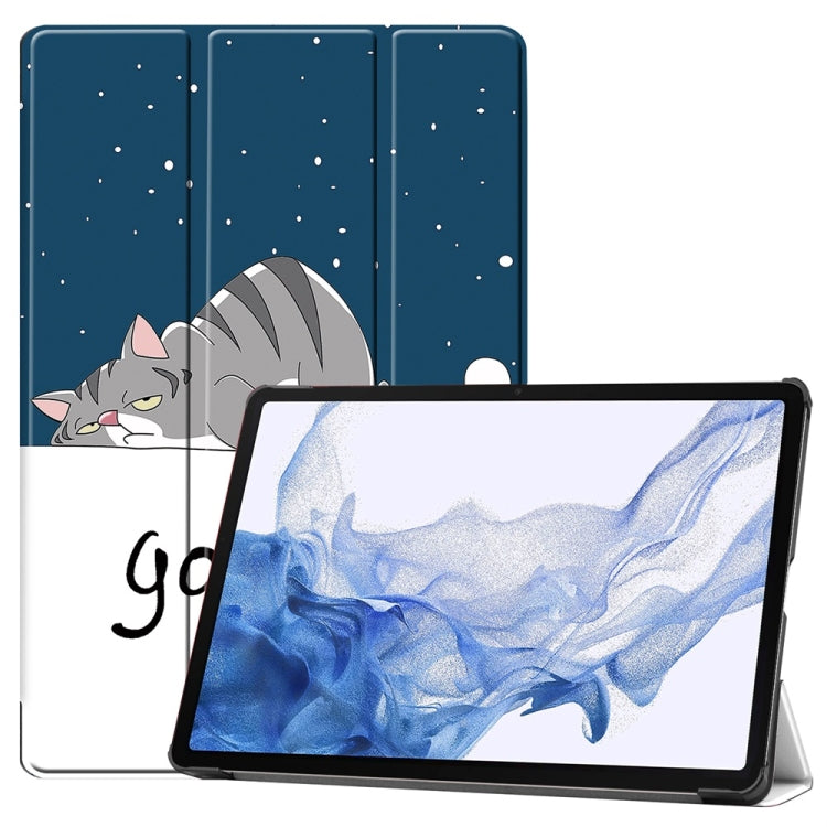 For Samsung Galaxy Tab S9 JUNSUNMAY Custer Painted 3-Fold Stand Leather Smart Tablet Case(Lazy Cat) - free shipping - PMC Jewellery - Order now!