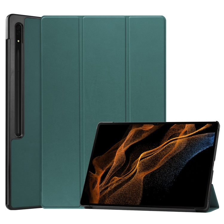 For Samsung Galaxy Tab S9 Ultra JUNSUNMAY Custer Solid Color 3-Fold Stand Leather Smart Tablet Case(Dark Green) - Galaxy Tab S9 Ultra Cases by JUNSUNMAY | Online Shopping South Africa | PMC Jewellery | Buy Now Pay Later Mobicred