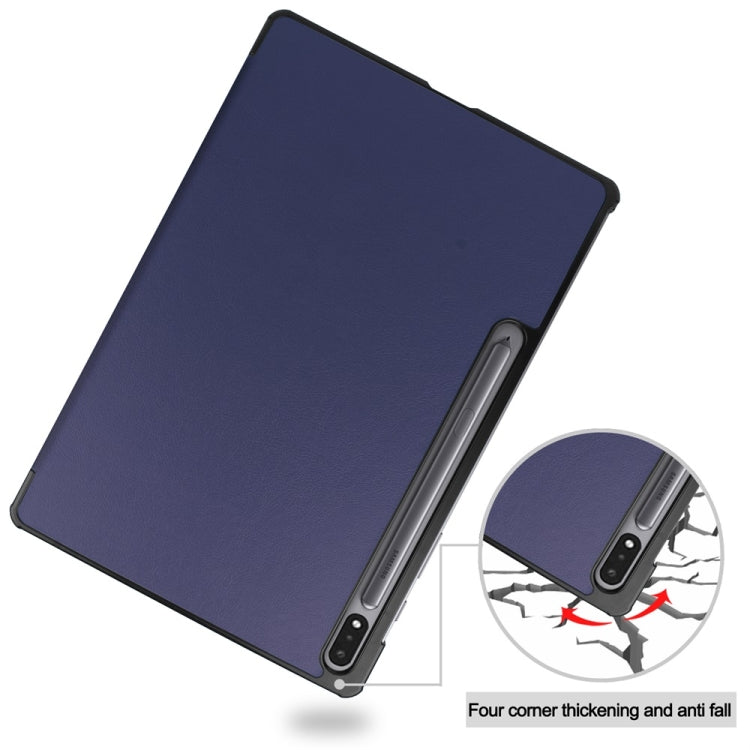For Samsung Galaxy Tab S9+ JUNSUNMAY Custer Solid Color 3-Fold Stand Leather Smart Tablet Case(Dark Blue) - free shipping - PMC Jewellery - Order now!