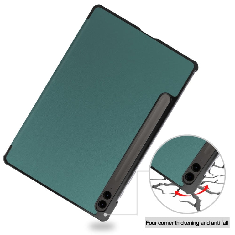 For Samsung Galaxy Tab S9 FE+ 12.4 JUNSUNMAY Custer Solid Color 3-Fold Stand Leather Smart Tablet Case(Dark Green) - free shipping - PMC Jewellery - Order now!