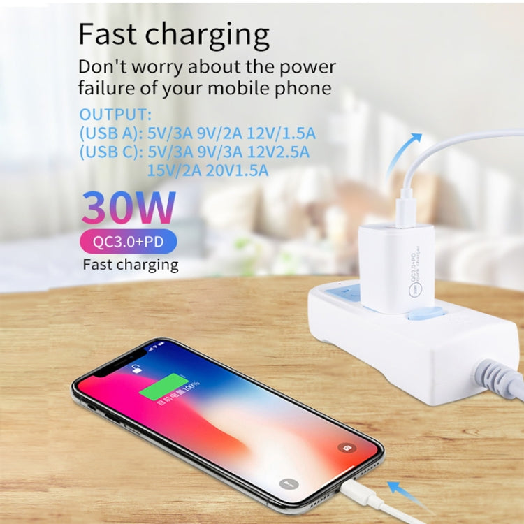 PD30W USB-C / Type-C + QC3.0 USB Dual Port Charger with 1m Type-C to 8 Pin Data Cable, EU Plug - free shipping - PMC Jewellery - Order now!