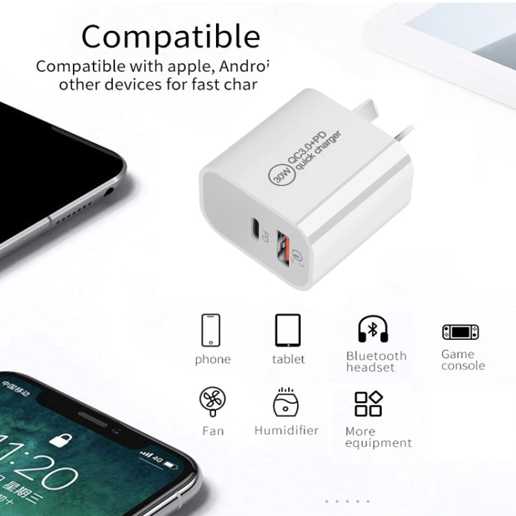 PD30W USB-C / Type-C + QC3.0 USB Dual Port Charger with 1m Type-C to 8 Pin Data Cable, EU Plug - free shipping - PMC Jewellery - Order now!